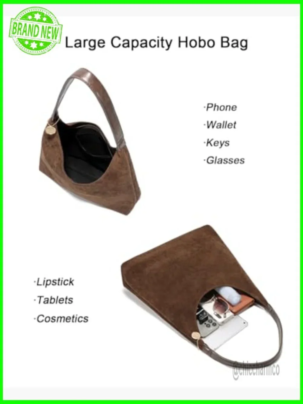 Large Slouchy Hobo Tote Bag, Faux Suede, Zipper Closure, Shoulder Strap